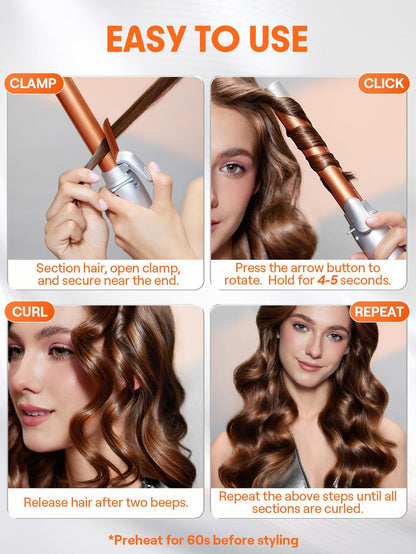 SHEGLAM Rotating Curling Iron Extra Long, 1 Inch Automatic Curling Wand for Long Hair, Self Spinning Barrel up to 430°F, Dual Voltage Avelisse