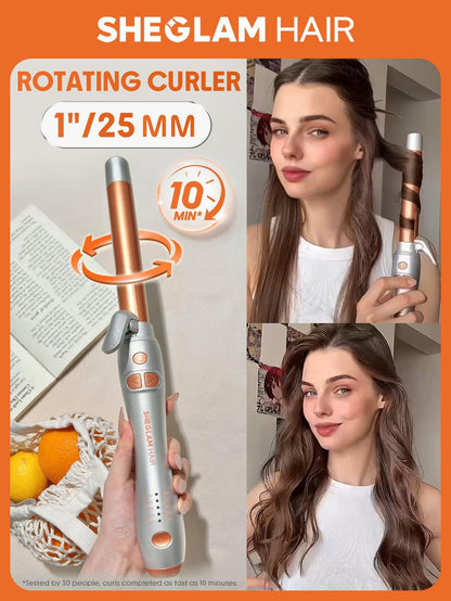 SHEGLAM Rotating Curling Iron Extra Long, 1 Inch Automatic Curling Wand for Long Hair, Self Spinning Barrel up to 430°F, Dual Voltage Avelisse