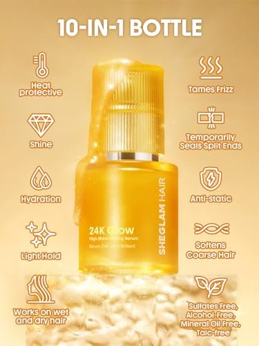 SHEGLAM 24K Glow Hair Oil Serum – 10-in-1 Frizz Control, Shine & Heat Protection with Almond & Macadamia Oil for All Hair Types (1.69 fl oz) Avelisse