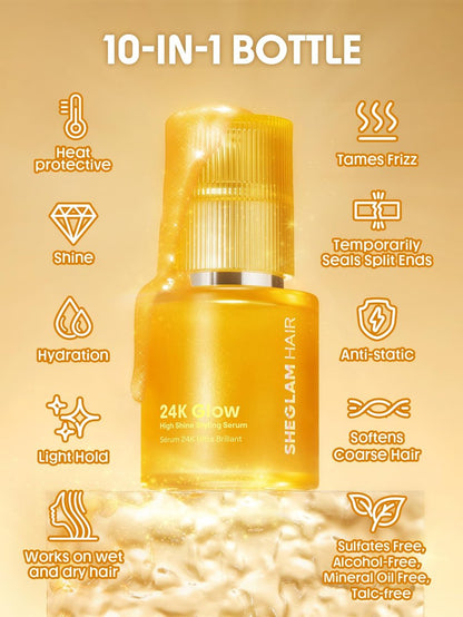 SHEGLAM 24K Glow Hair Oil Serum – 10-in-1 Frizz Control, Shine & Heat Protection with Almond & Macadamia Oil for All Hair Types (1.69 fl oz) Avelisse