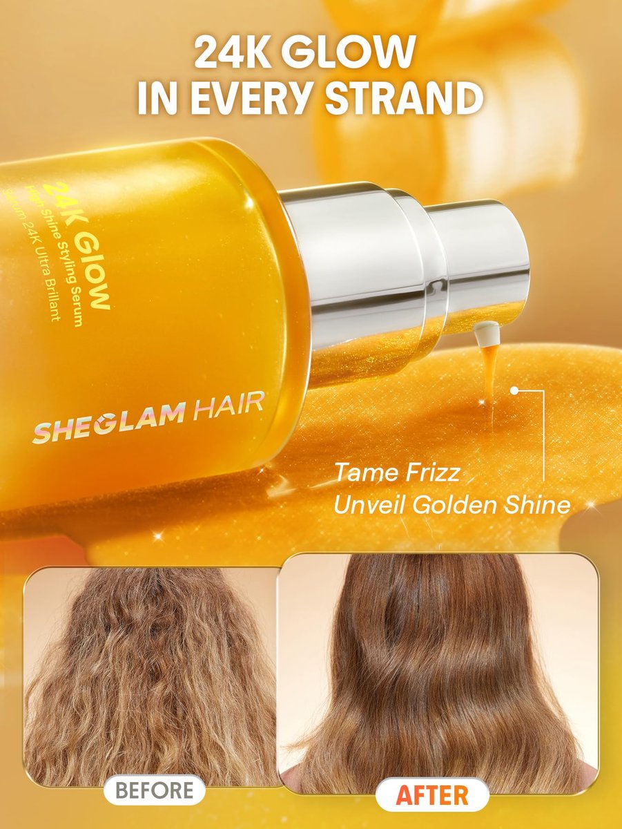SHEGLAM 24K Glow Hair Oil Serum – 10-in-1 Frizz Control, Shine & Heat Protection with Almond & Macadamia Oil for All Hair Types (1.69 fl oz) Avelisse