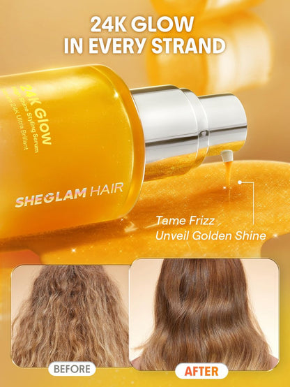 SHEGLAM 24K Glow Hair Oil Serum – 10-in-1 Frizz Control, Shine & Heat Protection with Almond & Macadamia Oil for All Hair Types (1.69 fl oz) Avelisse