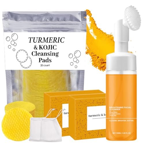 4-Piece Turmeric Wash and Care Set: Facial Wash, Cleansing Mousse, Soap & Exfoliating Pads for Radiant Skin Avelisse