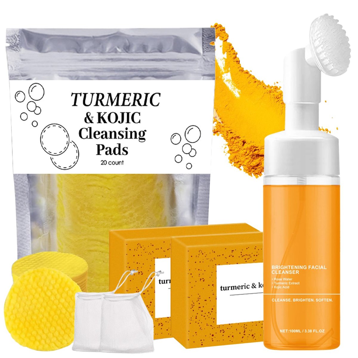 4-Piece Turmeric Wash and Care Set: Facial Wash, Cleansing Mousse, Soap & Exfoliating Pads for Radiant Skin Avelisse