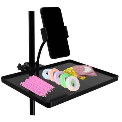 Adjustable Lash Tray Holder with Phone Holder - Eyelash Extension Organizer for Lash Techs, Salon, Spa - 10.6" x 8" Black