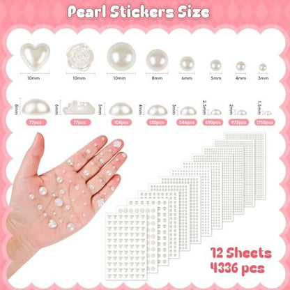 GIFOHAPY 4366 PCS Self-Adhesive Pearl Stickers – Assorted Sizes & Shapes for Crafts, Hair, Face, Makeup, and DIY Projects