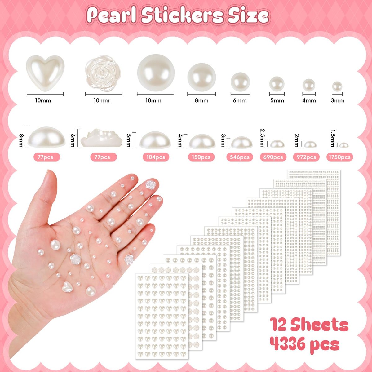 GIFOHAPY 4366 PCS Self-Adhesive Pearl Stickers – Assorted Sizes & Shapes for Crafts, Hair, Face, Makeup, and DIY Projects - görsel 3