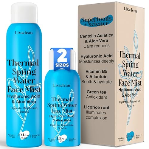 LivaClean Thermal Spring Water Face Spray Mist with Hyaluronic Acid & Aloe Vera – Hydrating, Soothing, Mineral-Rich Face Mist (300ml + 50ml) Avelisse
