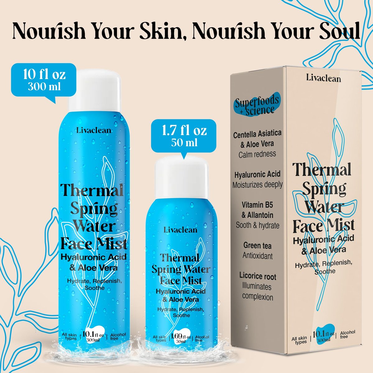 LivaClean Thermal Spring Water Face Spray Mist with Hyaluronic Acid & Aloe Vera – Hydrating, Soothing, Mineral-Rich Face Mist (300ml + 50ml) Avelisse