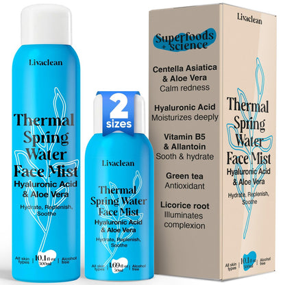 LivaClean Thermal Spring Water Face Spray Mist with Hyaluronic Acid & Aloe Vera – Hydrating, Soothing, Mineral-Rich Face Mist (300ml + 50ml) Avelisse