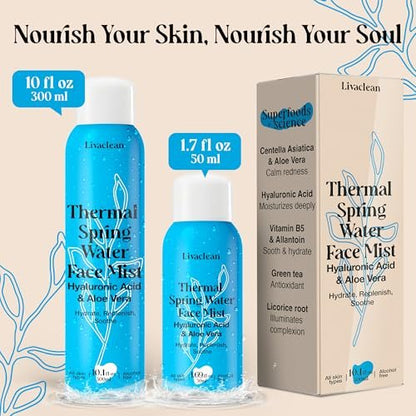 LivaClean Thermal Spring Water Face Spray Mist with Hyaluronic Acid & Aloe Vera – Hydrating, Soothing, Mineral-Rich Face Mist (300ml + 50ml) Avelisse