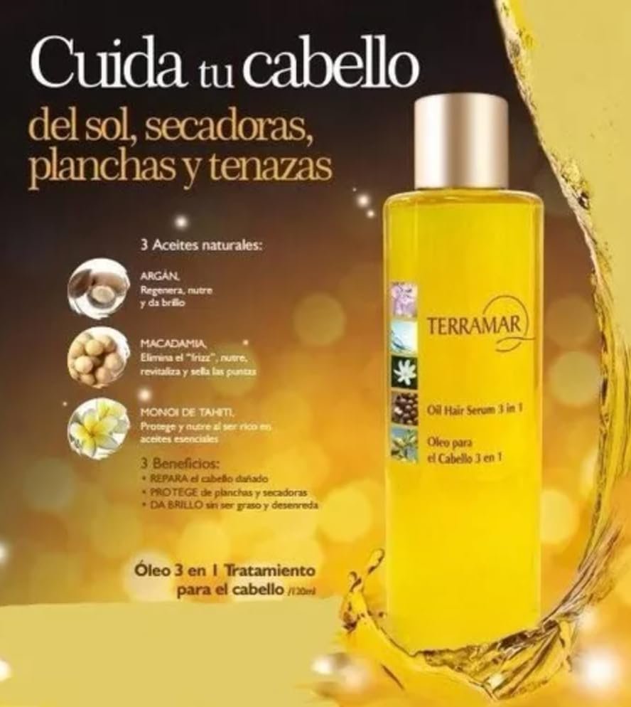 Terramar 3 in 1 Hair Oil - Nourishing Argan, Macadamia & Monoi Oil Blend for Frizz-Free Shine (3.31 fl oz) Avelisse