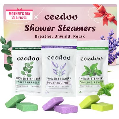 Ceedoo Shower Steamers Aromatherapy 6 Pack - Natural Essential Oil Shower Bombs for Stress Relief & Relaxation - Mother's Day & Birthday Gifts for Women, Teens & Adults