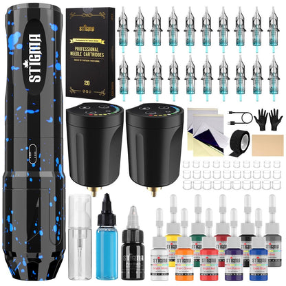 STIGMA Wireless Tattoo Gun Kit - Complete Tattoo Kit with Rotary Pen, 2 Batteries, 20 Cartridge Needles, 11 Inks - Professional Tattoo Machine Set for Beginners and Artists ST-TK9003-3 Avelisse