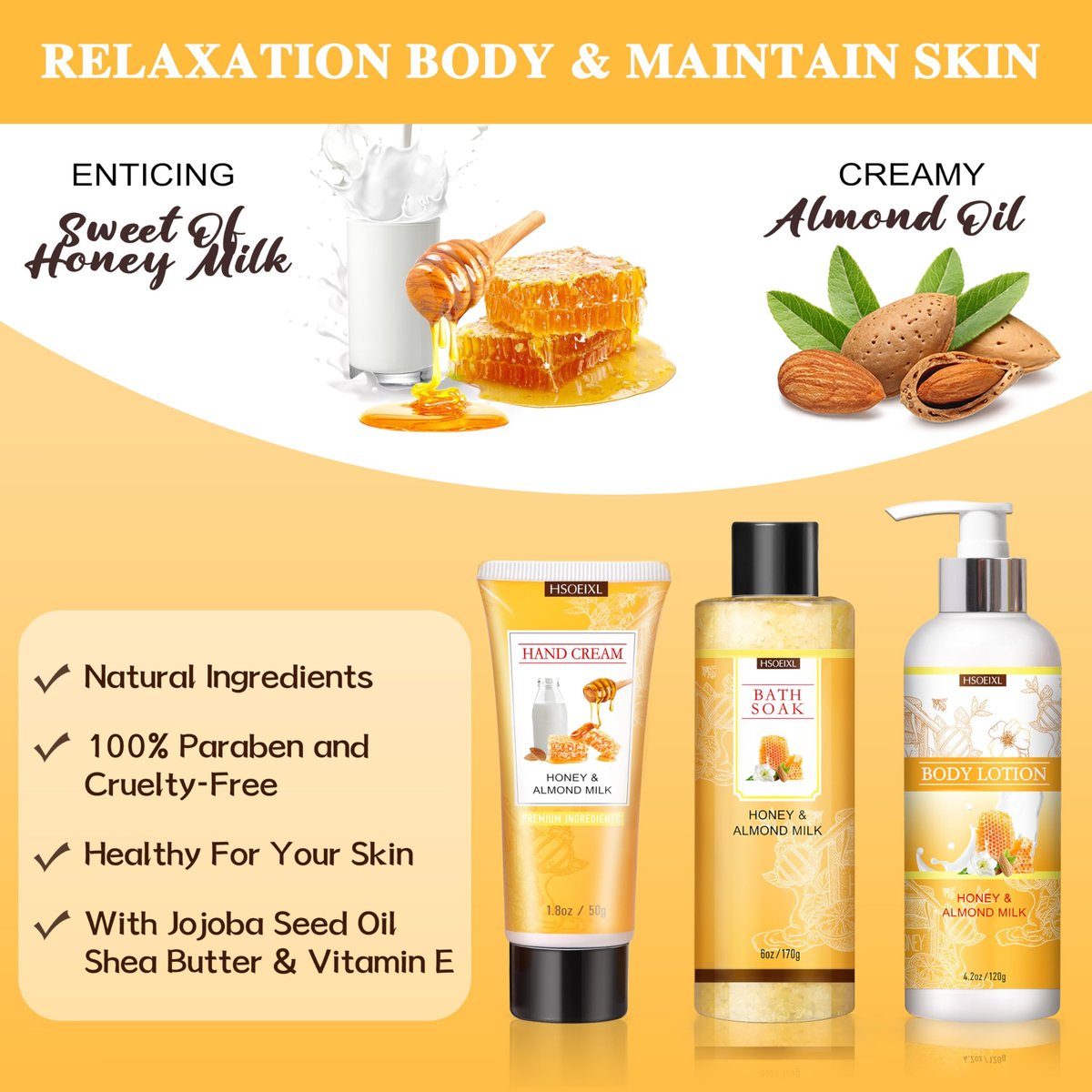 9 Piece Almond Milk & Honey Bath and Body Gifts Set - Self Care Spa Gift Basket for Women Avelisse