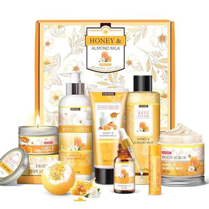 9 Piece Almond Milk & Honey Bath and Body Gifts Set - Self Care Spa Gift Basket for Women Avelisse