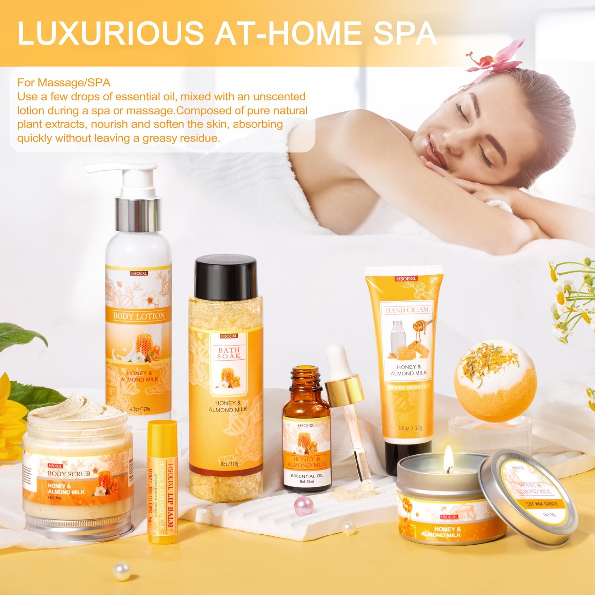 9 Piece Almond Milk & Honey Bath and Body Gifts Set - Self Care Spa Gift Basket for Women Avelisse
