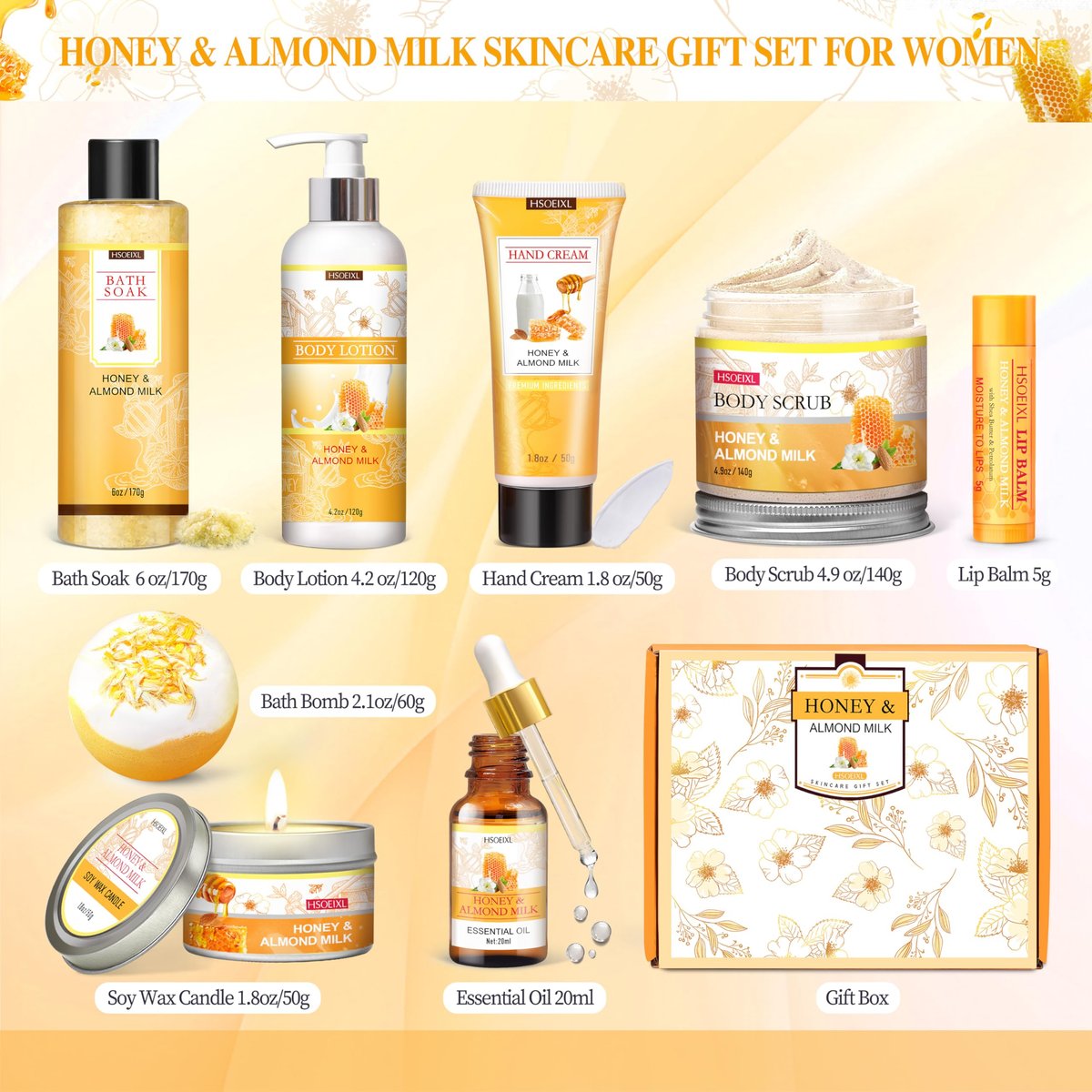 9 Piece Almond Milk & Honey Bath and Body Gifts Set - Self Care Spa Gift Basket for Women Avelisse