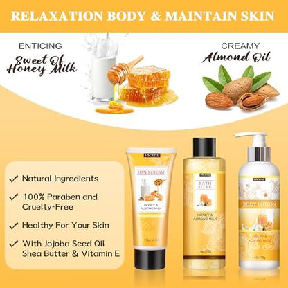 9 Piece Almond Milk & Honey Bath and Body Gifts Set - Self Care Spa Gift Basket for Women Avelisse