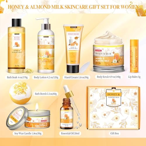9 Piece Almond Milk & Honey Bath and Body Gifts Set - Self Care Spa Gift Basket for Women Avelisse