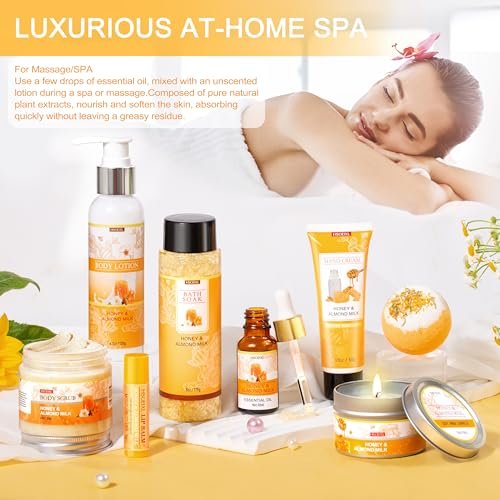 9 Piece Almond Milk & Honey Bath and Body Gifts Set - Self Care Spa Gift Basket for Women Avelisse