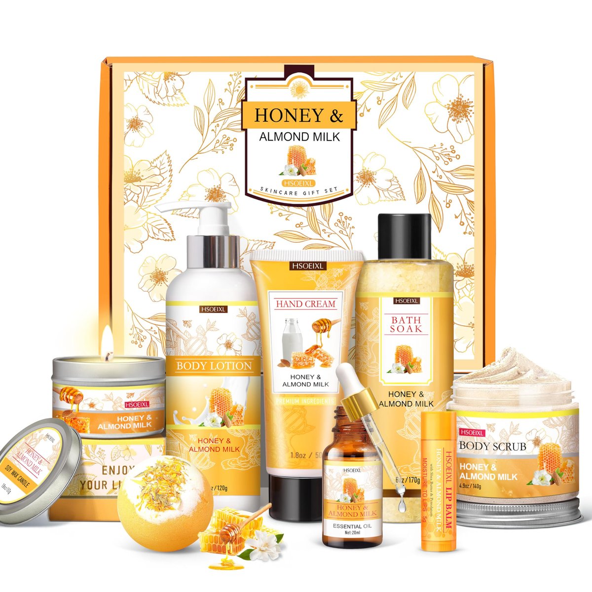 9 Piece Almond Milk & Honey Bath and Body Gifts Set - Self Care Spa Gift Basket for Women Avelisse