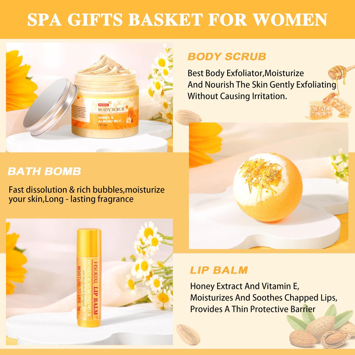 9 Piece Almond Milk & Honey Bath and Body Gifts Set - Self Care Spa Gift Basket for Women Avelisse