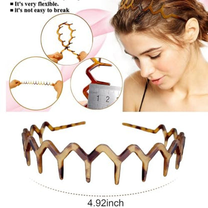 Vrose Flosi Fashion Wide Zig Zag Headbands for Women and Men - Plastic Wavy Hair Band with Teeth Comb - Classic 90s Hair Accessories for Face Washing, Skin Care, Makeup, Hair Holder Everyday Use (Black & Tort, 2 Pack)
