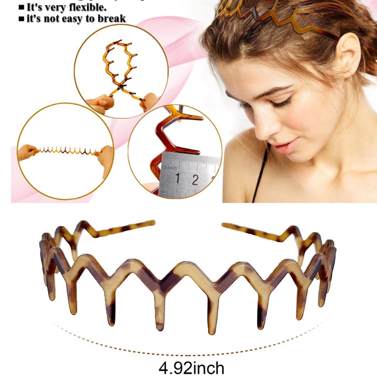 Vrose Flosi Fashion Wide Zig Zag Headbands for Women and Men - Plastic Wavy Hair Band with Teeth Comb - Classic 90s Hair Accessories for Face Washing, Skin Care, Makeup, Hair Holder Everyday Use (Black & Tort, 2 Pack) - görsel 3