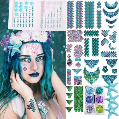 19 Pcs Mermaid Fish Scale Tattoo Sticker Set – Glitter, Sequins & Hair Clips for Mermaid Cosplay & Party Decor