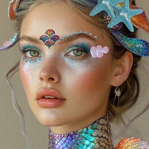 19 Pcs Mermaid Fish Scale Tattoo Sticker Set – Glitter, Sequins & Hair Clips for Mermaid Cosplay & Party Decor - görsel 8