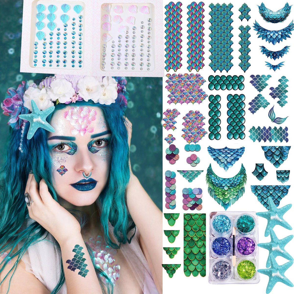 19 Pcs Mermaid Fish Scale Tattoo Sticker Set – Glitter, Sequins & Hair Clips for Mermaid Cosplay & Party Decor - görsel 1