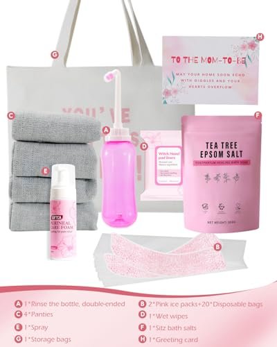 Postpartum Essentials Kit - Peri Bottle, Perineal Ice Packs, Healing Foam, Disposable Underwear, Cooling Pad Liners, Bath Salts, Canvas Bag, Card - New Mom Gift Set by SOFTCA Avelisse