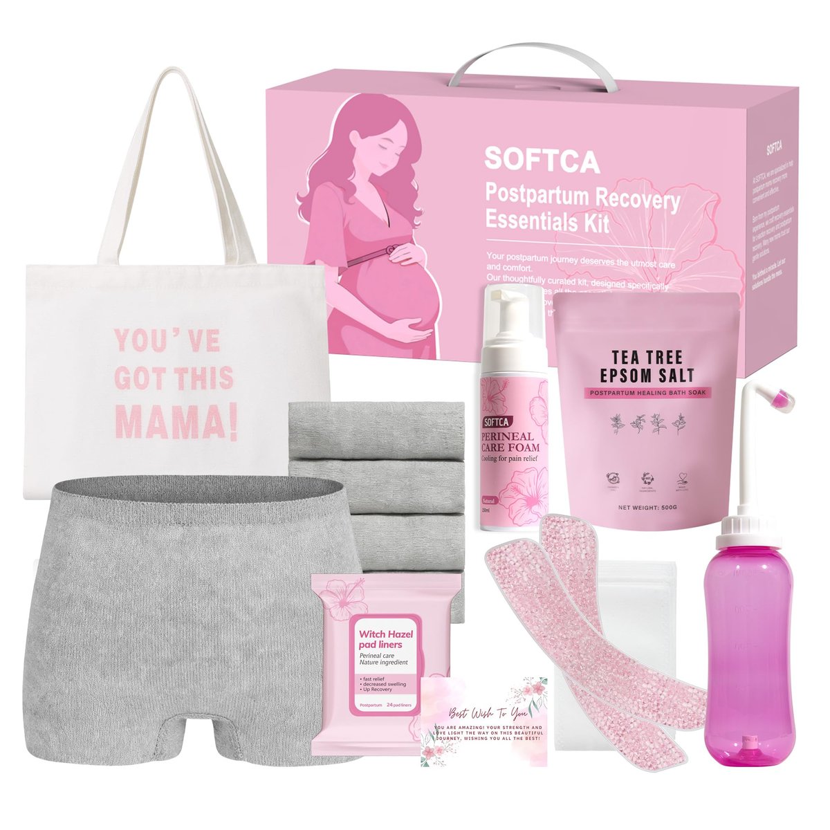 Postpartum Essentials Kit - Peri Bottle, Perineal Ice Packs, Healing Foam, Disposable Underwear, Cooling Pad Liners, Bath Salts, Canvas Bag, Card - New Mom Gift Set by SOFTCA Avelisse