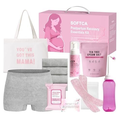 Postpartum Essentials Kit - Peri Bottle, Perineal Ice Packs, Healing Foam, Disposable Underwear, Cooling Pad Liners, Bath Salts, Canvas Bag, Card - New Mom Gift Set by SOFTCA Avelisse