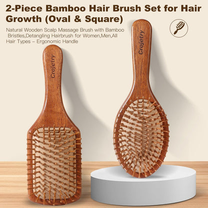 2-Piece Bamboo Hair Brush Set for Hair Growth - Natural Wooden Scalp Massage Brush with Bamboo Bristles - Oval & Square Detangling Hairbrush for Women, Men, All Hair Types Avelisse