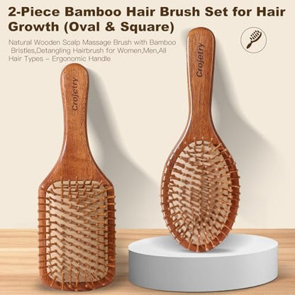 2-Piece Bamboo Hair Brush Set for Hair Growth - Natural Wooden Scalp Massage Brush with Bamboo Bristles - Oval & Square Detangling Hairbrush for Women, Men, All Hair Types Avelisse