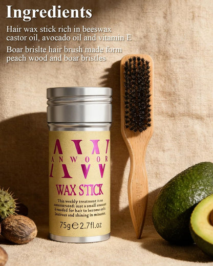 Hair Wax Stick & Natural Boar Bristle Brush Set for Women & Kids – 24H Strong Hold Flyaway Control, Smooths Baby Hairs & Frizz, No Greasy Residue