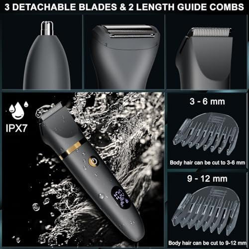 Zivelier Ball Shaver for Men: 3-in-1 Body Hair Trimmer & Pubic Shaver with Titanium Blades, IPX7 Waterproof, LED Display, Wet/Dry Electric Razor - görsel 6