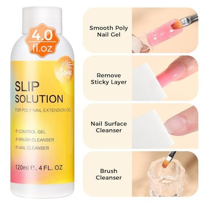 GELLAKTIK Slip Solution Kit for Poly Gel Nails – 120ml Anti-Stick Liquid with Nail Art Brush, Cleaning Pads (20 Pads), Glitter Powder, Nail Extension, Brush Cleaner – Easy for Home Salon & Beginners Avelisse