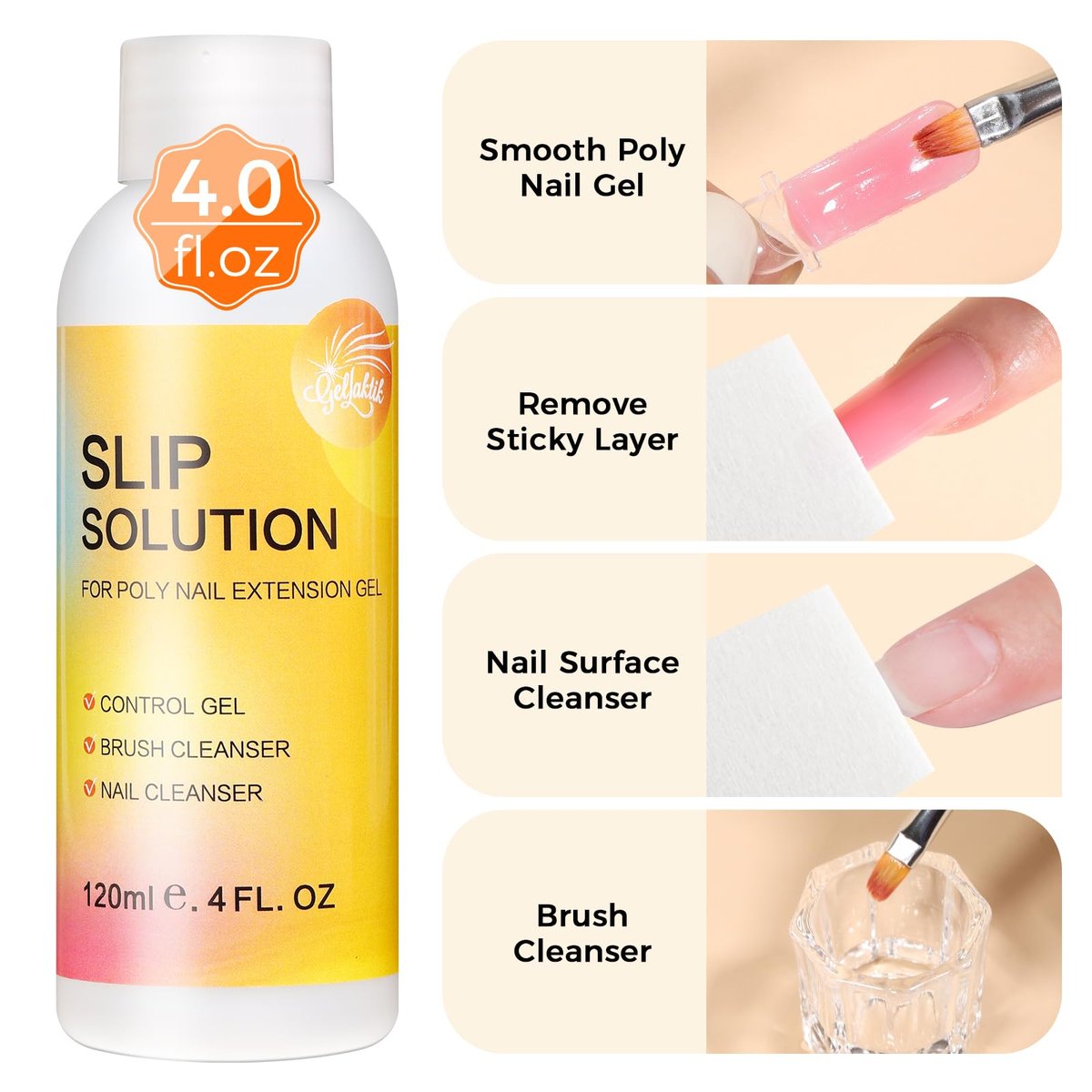 GELLAKTIK Slip Solution Kit for Poly Gel Nails – 120ml Anti-Stick Liquid with Nail Art Brush, Cleaning Pads (20 Pads), Glitter Powder, Nail Extension, Brush Cleaner – Easy for Home Salon & Beginners Avelisse