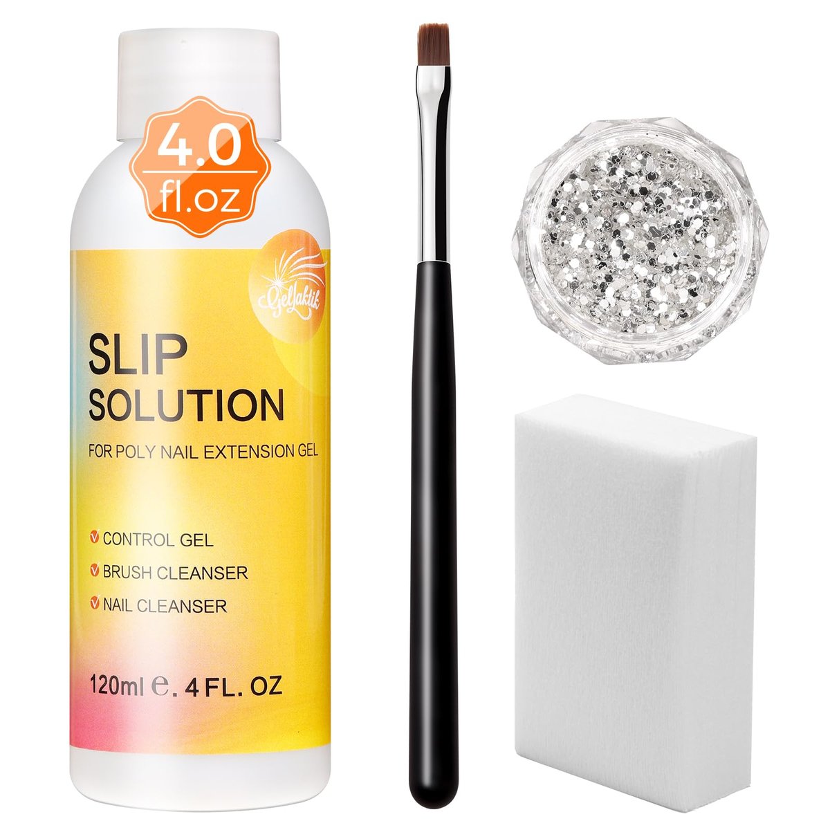 GELLAKTIK Slip Solution Kit for Poly Gel Nails – 120ml Anti-Stick Liquid with Nail Art Brush, Cleaning Pads (20 Pads), Glitter Powder, Nail Extension, Brush Cleaner – Easy for Home Salon & Beginners Avelisse