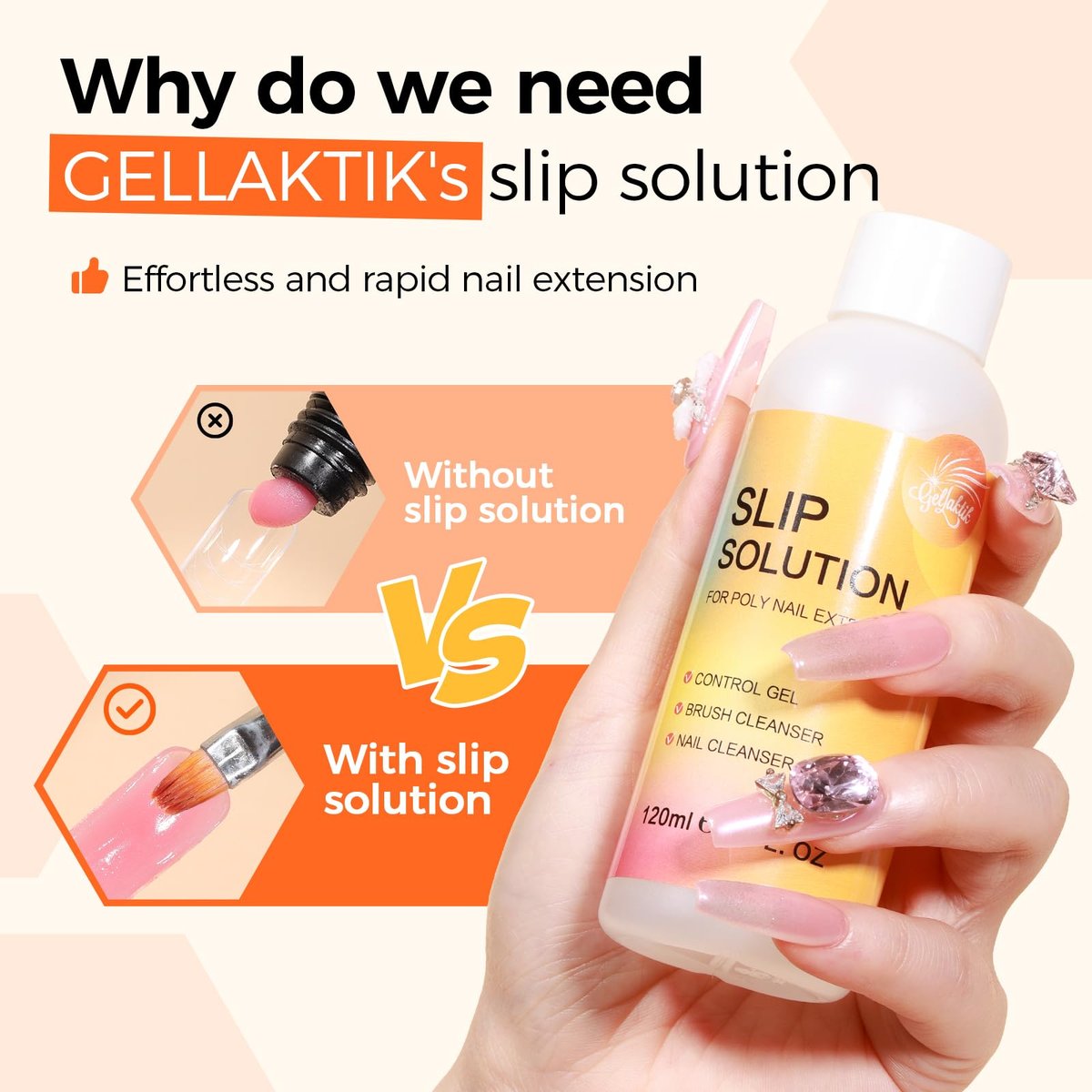 GELLAKTIK Slip Solution Kit for Poly Gel Nails – 120ml Anti-Stick Liquid with Nail Art Brush, Cleaning Pads (20 Pads), Glitter Powder, Nail Extension, Brush Cleaner – Easy for Home Salon & Beginners Avelisse