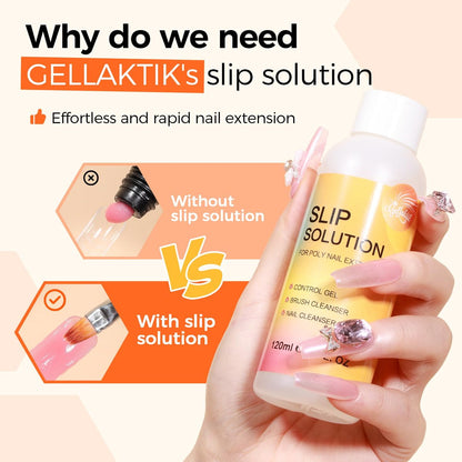 GELLAKTIK Slip Solution Kit for Poly Gel Nails – 120ml Anti-Stick Liquid with Nail Art Brush, Cleaning Pads (20 Pads), Glitter Powder, Nail Extension, Brush Cleaner – Easy for Home Salon & Beginners Avelisse