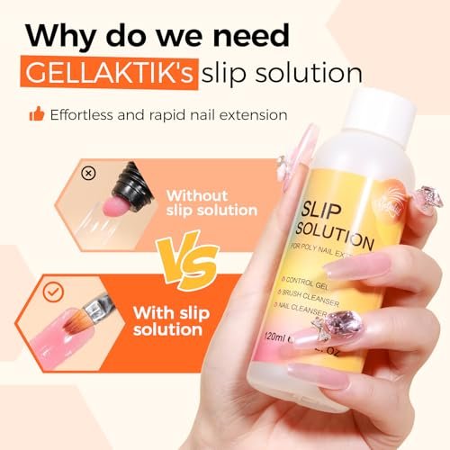 GELLAKTIK Slip Solution Kit for Poly Gel Nails – 120ml Anti-Stick Liquid with Nail Art Brush, Cleaning Pads (20 Pads), Glitter Powder, Nail Extension, Brush Cleaner – Easy for Home Salon & Beginners Avelisse