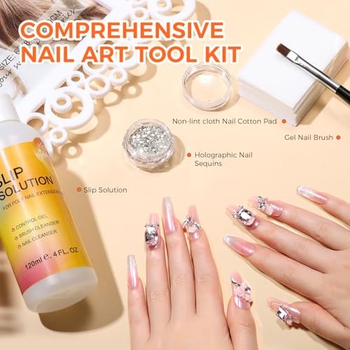 GELLAKTIK Slip Solution Kit for Poly Gel Nails – 120ml Anti-Stick Liquid with Nail Art Brush, Cleaning Pads (20 Pads), Glitter Powder, Nail Extension, Brush Cleaner – Easy for Home Salon & Beginners Avelisse