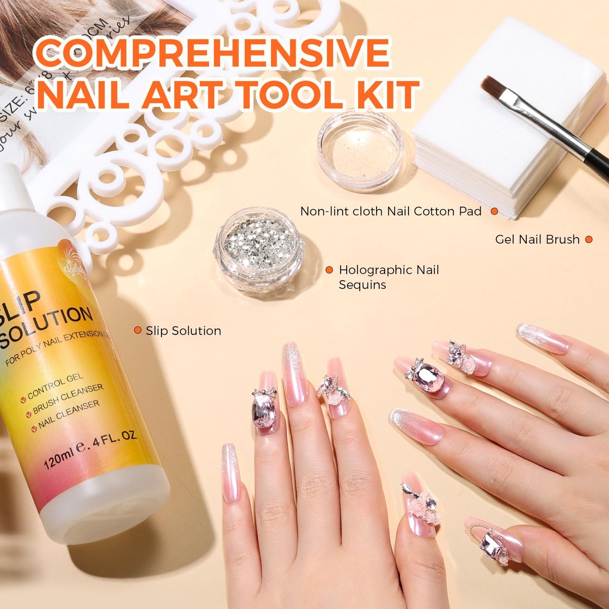 GELLAKTIK Slip Solution Kit for Poly Gel Nails – 120ml Anti-Stick Liquid with Nail Art Brush, Cleaning Pads (20 Pads), Glitter Powder, Nail Extension, Brush Cleaner – Easy for Home Salon & Beginners Avelisse