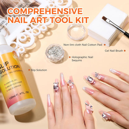 GELLAKTIK Slip Solution Kit for Poly Gel Nails – 120ml Anti-Stick Liquid with Nail Art Brush, Cleaning Pads (20 Pads), Glitter Powder, Nail Extension, Brush Cleaner – Easy for Home Salon & Beginners Avelisse