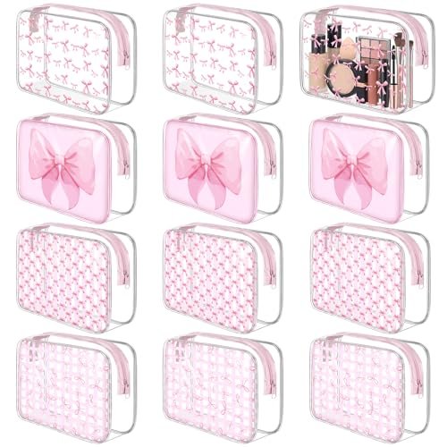 Sunnymove 12 Pcs Pink Bow Makeup Bags Bulk for Women - Clear PVC Coquette Cosmetic Bag with Zipper Travel Toiletry Pouch, Pink Bow Gifts for Birthday Coquette Party Favor Storage Accessories - görsel 2