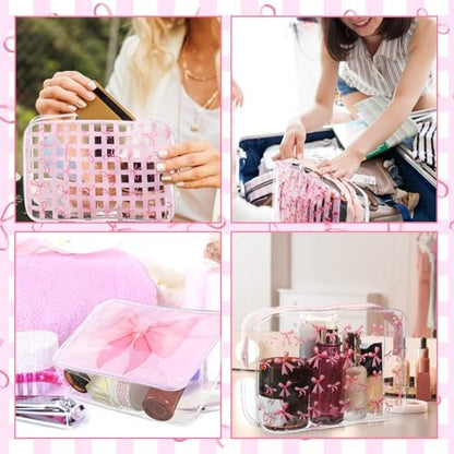 Sunnymove 12 Pcs Pink Bow Makeup Bags Bulk for Women - Clear PVC Coquette Cosmetic Bag with Zipper Travel Toiletry Pouch, Pink Bow Gifts for Birthday Coquette Party Favor Storage Accessories